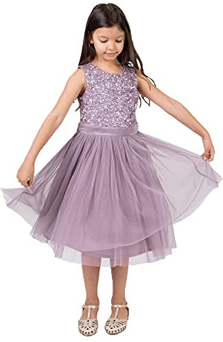 Maya Deluxe Midi Dress for Girls Sequins Embellished Party Tutu Bridesmaids Wedding with Belt Bow Vestito, Lilla Moody, 3-4 Anni Bambine e Ragazze