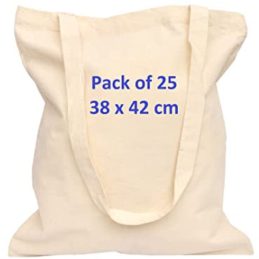 EXPERTEX Canvas Tote Bag Bulk -Cotton reusable shopping grocery bags- Carrier eco-friendly Designed for fabric paint, Art, Screen printing Crafts Decorating-Size 38x42cm+70cm (Pack of 25-Natural)