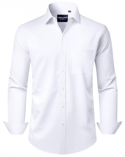 Alimens & Gentle White Button Down Shirt Men Regular Fit Wrinkle Free Long Sleeve Stretch Dress Shirts Wedding Formal Shirt