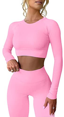 MAYROUND Workout Outfits für Frauen Gerippte Langarm Crop Top mit hoher Taille Yoga Leggings Sets
