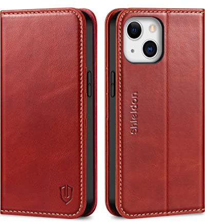 SHIELDON Hülle für iPhone 13 Lederhülle 5G [Echtleder] [Lifetime Garantie] [RFID-Sperre] [Kartenfach] [Magnet], TPU Klapphülle Einfach Handyhülle Schutz Kompatibel mit iPhone 13 6.1 - Retro Rot
