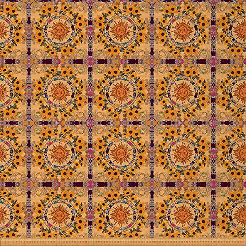 Gelber Sonne Mond Polsterstoff Sonnenblumenstoff Meterware Vintage Indischer Boho Blumenstoff für Drinnen und Draußen Farbiger Mandala Paisley Stamm Böhmischer Stil Dekorationsstoff 92 x 150 (HxB)
