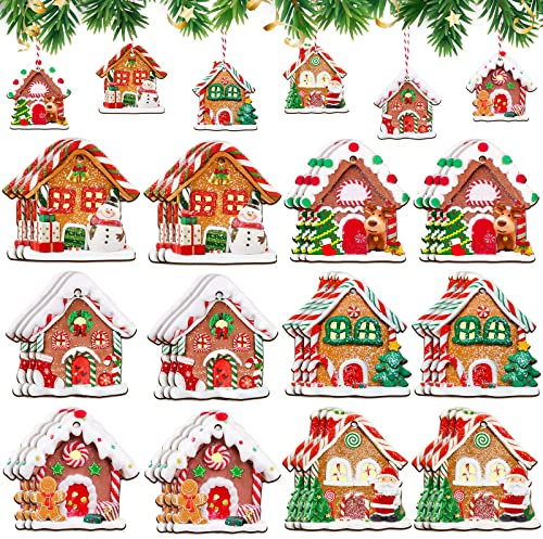 24 Stück Lebkuchenhaus-Ornament, Holz-Weihnachtsbaum-Ornament, rustikale Bauernhaus-Lebkuchenhaus-Dekoration, dekorative hängende Ornamente, Dekorationen, Party, Gastgeschenk