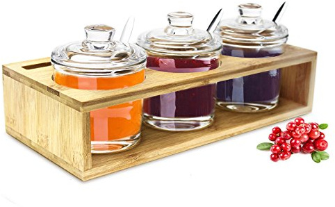 Sendez Lot de 3 Pots à Épices Boites Alimentaires avec Cadre en Bois et Cuillères, Boîtes à Confitures, Boîtes à Miel, Sucre, Sel, 27 x 13 x 12 cm, 10 Pièces