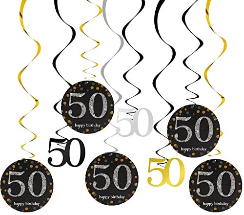 AINIUNIU 50.Geburtstag deko, 50. Geburtstag Deko Spiralen Set, 12 Stücke Schwarz Gold 50. Geburtstag Hängend Wirbel Dekoration, für Geburtstag Frauen, 50 Geburtstag, Hochzeit, Jubiläum oder Partydeko