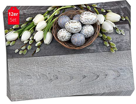 Tischset, Platzset - Weiße Tulpen mit Ostereiern - 12 Stück Made in Germany, 44x32cm aus speziellem Naturpapier in Aufbewahrungsmappe – die besondere Tischdeko für Frühling, Ostern & Blumen