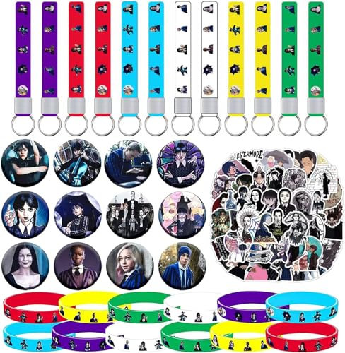 Mstnoixgc 86 pezzi Gadget Compleanno, Forniture per Feste, 50 Adesivi, 12 Badge, 12 Portachiavi, 12 Bracciale