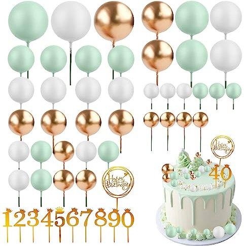 LMSHOWOWO 40 Stück Schaum Tortendeko Kugeln, Happy Birthday Cake Topper, 5 Größen Kuchen Dekoration mit Cupcake Topper 0-9, DIY Kuchen Topper für Hochzeit Geburtstag Babyparty (Grün Weiß Gold)