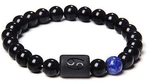 LODMLOER Krebs 12 Sternbild Sternzeichen Perlen Armband – Paar Armband Natürlicher Schwarzer Onyx Stein Elastisches Charm-Armband Für Frauen Männer Geburtstagsgeschenk, Krebs