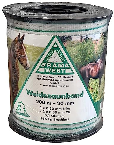 Brama West Breitband Weidezaunband 200m x 20 mm Leitermaterial Elektrozaun Zaunanlage Pferd Pony Rind