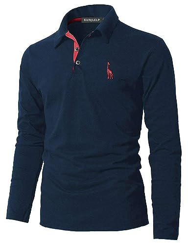 KUNJLELP Men's Regular-Fit Polo Shirt Long Sleeve Giraffe Embroidere Golf Polos 100% Cotton,Blue 1,L