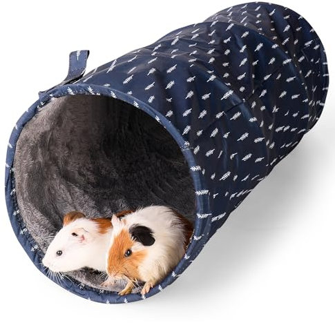 ONEJU Kaninchentunnel, Meerschweinchen Tunnel, Meerschweinchenröhre, 2-Wege Kleintierspielröhre, faltet Sich flach für die Lagerung, ideal für Erwachsene Kleintiere, dunkelblau, Blatt Muster
