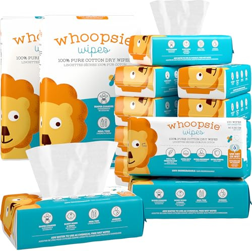 Whoopsie Wipes – The Original 100% Pure Cotton Dry Baby Wipes (1200 Count) | Unscented, Ultra Soft, Chemical-Free Wipes for Sensitive Skin, Lint-Free, Use Dry or Wet, Tear-Resistant, Biodegradable