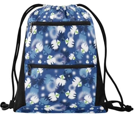 FRODOTGV Mall Rucksack mit Kordelzug und Netztaschen, Blumenmuster, Blau / Weiß, Mall Blaue und weiße Blumen, Einheitsgröße