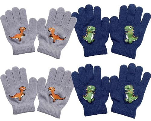 EUPSIIU 4 Paar Magische Handschuhe für Kinder, Vollfinger Winter Gestrickte Stretch Handschuhe, Kleinkind Fäustlinge, Kinderhandschuhe Dinosaurier für Jungen Mädchen, 6 x 2,36 Zoll (Marineblau, Grau)