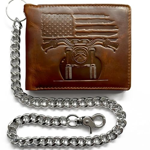 Patriotic Biker Bifold Wallet with Chain for Men – Distressed Brown Leather, RFID-Blocking with 10 Card Slots, Flip-Out ID Holder, Embossed American Flag and Motorcycle Design