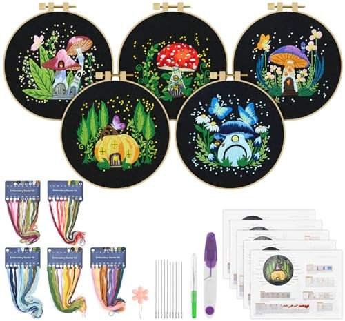 ERKOON Stickset für Anfänger, 5 Sets, Stickset zum Lernen von 30 verschiedenen Stichen für Bastelliebhaber, Handstich mit Stickstoff mit Sticktechniken, Schwarz