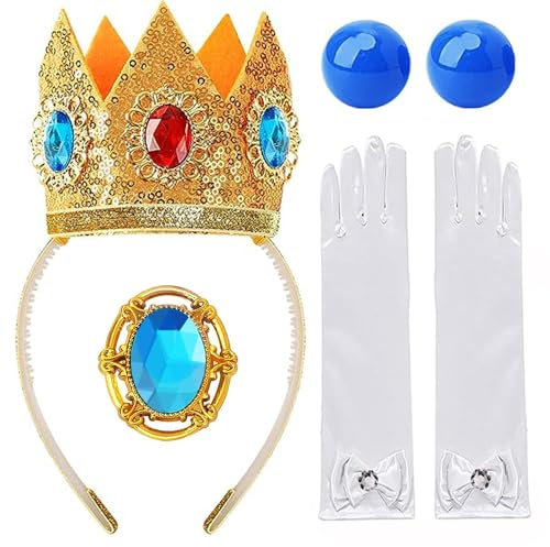 mefound Prinzessin Peach Kostüm Zubehör Kit, 4 Stück Set Frauen Mädchen Prinzessin Kostüm Krone Ohrringe Handschuhe Brosche Für Karneval Halloween Birthday Party Cosplay Dress Up