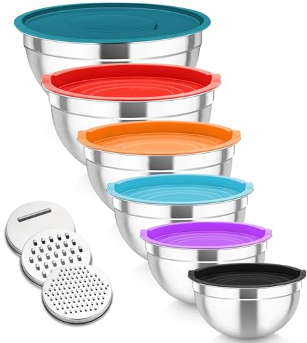TEAMFAR Juego de 6 cuencos de acero inoxidable con tapa hermética y 3 accesorios para rallador, ensaladera para preparar hornear, apilable, apto para lavavajillas, multicolor, 4,6 L, 2,8 L, 2,5 L, 1,6