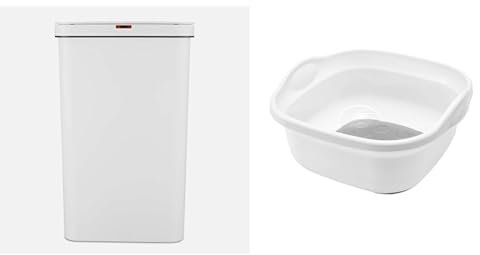 Tower T838005W Sensor Bin with Retainer Ring, Battery-Operated, 50L, White & Addis 517763 Premium Soft Touch 8.5 litre Washing Up Bowl, White/Grey, 31.5 x 34 x 15.5 cm