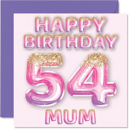 54th Birthday Card for Mum, Pink & Purple Glitter Balloons | Happy Birthday Cards for 54 Year Old Mum Mother from Son Daughter, 145mm Bday Greeting Cards Gift