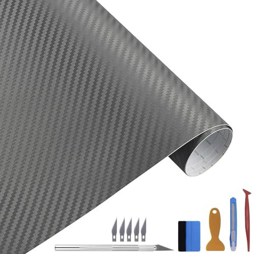 Carbon Autofolie Matt grau Mit Einbauwerkzeug, 30 x 300 cm Selbstklebend 3D Car Wrapping Blasenfrei Vinyl Folie, Carbonfolie Lackschutzfolien für Auto Motorrad DIY