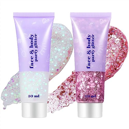Go Ho White and Pink Body Glitter Set,Singer Concerts Face Glitter Gel Makeup,Holographic Long Lasting Chunky Sequins Glitters for Eye Lip Hair Nails,Festival Accessories
