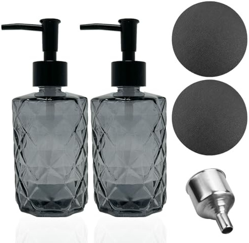 2er Set Glas Seifenspender 330ml Schwarz Pumpspender inkl. 2X Untersetzer und 1x Trichter