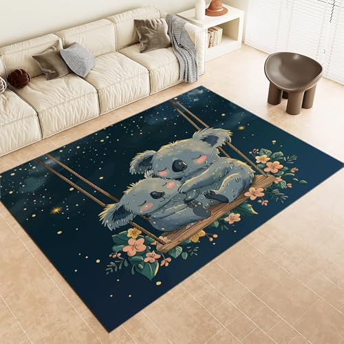 Blau Kurzflor Teppich Cartoon-Koala-Sterne Waschbar Kurzflor Teppich 60 x 90 cm Weiche rutschfest Mit TPR Anti-Rutsch-Rücken Für Schlafzimmer Wohnzimmer Küche & Esszimmer