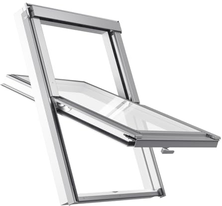 Gruppo Velux 78 x 98 cm Finestra da tetto RoofLITE+ | Finestra in plastica con triplo vetro | Finestra a bilico con cornice per tegole (fino a 50 mm) + Set di isolamento e di raccordo)