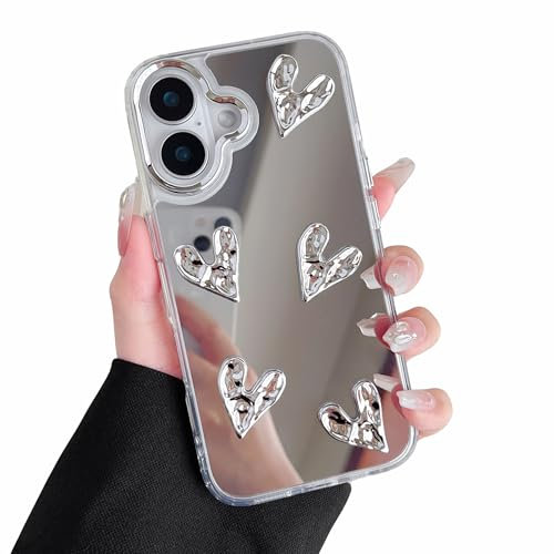 ZTOFERA Case for iPhone 16, Cute Silver 3D Love Heart Clear Makeup Mirror Case, Flexible Shockproof Anti-Scratch Protective Cover for iPhone 16 6.1- 5 Hearts