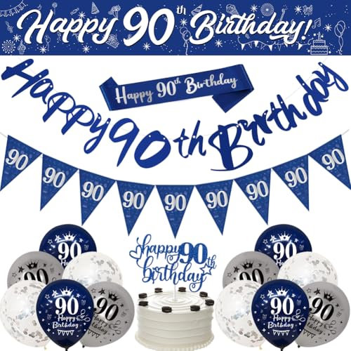 Happy 90th Birthday Decorations for Men - Navy Blue Silver Banners, Party Supplies, 9ft Bunting, Sash, Confetti, Latex Balloons, Cake Toppers, Triangle Flags