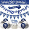 Happy 90th Birthday Decorations for Men - Navy Blue Silver Banners, Party Supplies, 9ft Bunting, Sash, Confetti, Latex Balloons, Cake Toppers, Triangle Flags
