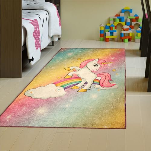 Bosdela Einhorn Spielteppich 160x100cm für Kinder & Babys – Bunte Krabbelmatte, rutschfeste Spielmatte für Jungen & Mädchen, Waschbarer Kinderzimmer Teppich Unicorn