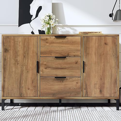 Merax Sideboard Cabinet Cupboard with 2 doors and 3 drawers, rustic Sideboards for Living Room, Kitchen, and Hallway, Adjustable shelf, 120 x 40 x 76 cm, dark oak
