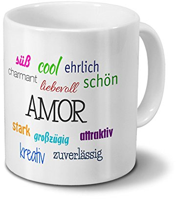 printplanet Tasse mit Namen Amor - Motiv Positive Eigenschaften - Namenstasse, Kaffeebecher, Mug, Becher, Kaffeetasse - Farbe Weiß