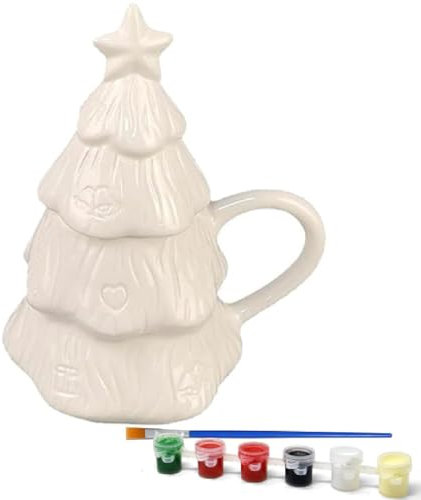 Christmas Tree Mug Painting Kit, Weihnachtsbaum Tassen Bemalen Set, Christmas Ceramic to Paint, DIY Handwerk Weihnacht Keramik Bemalen Set, Bastelset Erwachsene Enthält Tassen, Pinsel, Farben (1-B)