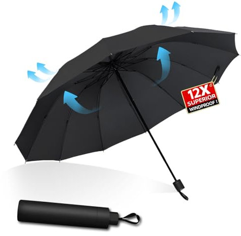 Amandir Black Windproof Umbrella Strong, Large Umbrella for Rain with 12 Ribs-Men and Women Strong Umbrella UPFf50+ Protection, Portable and Folding Rain Umbrella with Storage Bag