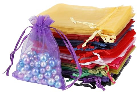 Organza Säckchen Mehrfarbige Kleine Geschenk Organzabeutel, 9x12cm Schmuckbeutel mit Kordelzug, Beutel Geschenksäckchen Hochzeit Bonbonsbeutel für Schmuck, Süßigkeiten, Schokoladentaler (100 Stück)