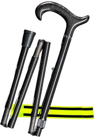 Gastrock Gehstock Faltstock 4-teilig Höhenverstellbar Faltbarer Carbon Gehstock - ergonomischer L-Derby-Griff, super leicht-nur 270 g,bis 110 kg belastbar + Olanmarp Klettarmband mit Streifen