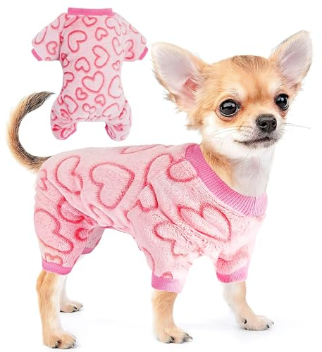 Dog Pajamas Valentine Fleece Dog Clothes Sweaters Small Dogs Pjs Heart Puppy Clothes Onesies Outfits Pink Puppy Pajamas for Small Medium Dogs and Cats (Pink,M)