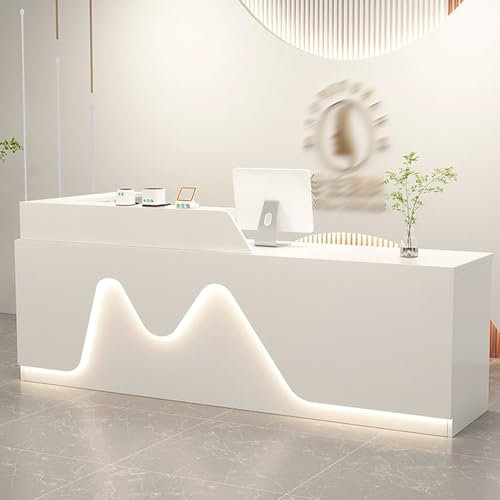 HOLGVE Empfangstheke, offene Rezeption, Rezeptionstheke mit abschließbaren Schubladen und LED-Leuchten, vordere Theke, Empfangstresen, tolle platzsparende Verkaufstheke(White L,51.1x23.6x39.3)