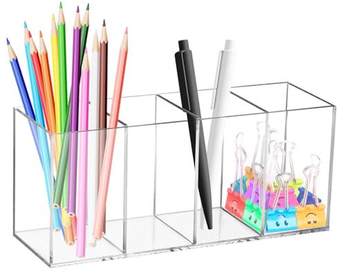 TESSTSY 4 Scomparti Portapenne in Acrilico, Bicchieri Acrilico Trasparenti Porta Matite, Porta Pennelli per Trucco, Portapenne Trasparente da Scrivania, per Ufficio Scuola Casa (22.5x7.6x9.5 cm)