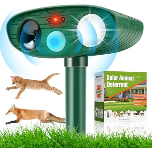 Cat Repellent Garden Ultrasonic Fox Repellant Cat Deterrent Pet Animal Deterants Solar Powered & Waterproof Flashing Light Outdoor Farm Yard, Effective for Cats, Dogs, Foxes, Birds