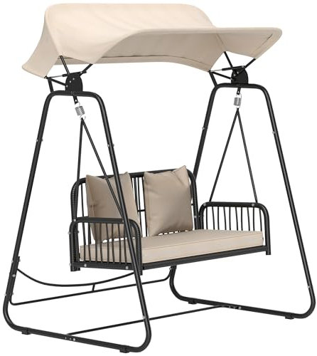 Outsunny Columpio de Jardín de 2 Plazas Balancín de Jardín Exterior con Toldo Retráctil Cojines y Estructura de Acero con Ratán PE Anti-UV para Balcón Terraza Patio Carga 240 kg 149x121x180 cm Caqui
