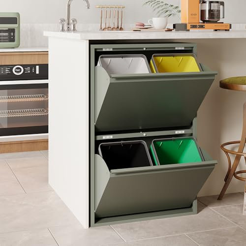 VEEHAUS Poubelle de cuisine pour une utilisation polyvalente avec rabats en acier inoxydable Poubelle élégante pour un rangement efficace et pratique Vert (4 x 15 LT - 60 LT)