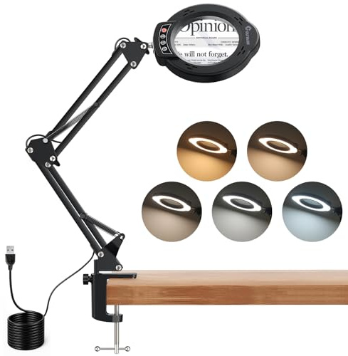 COLFULINE 10X Lupe mit Licht und Ständer, 84 LED Lupenleuchte mit 5 einstellbare Farben & 10 Helligkeitsstufen, USB-Anschluss Leselupe mit Llicht, Flexible Schwanenhals Lupenlampe zum Lesen usw