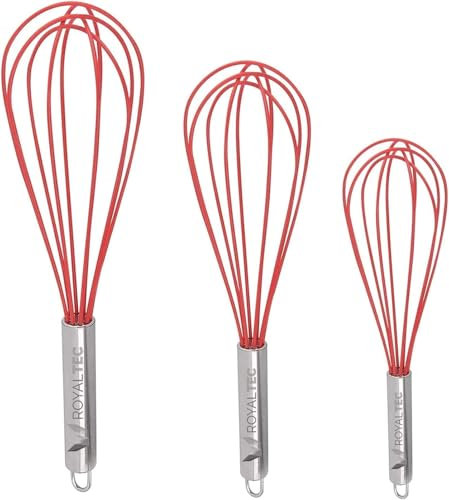 Royaltec Silicone Whisks for Cooking – 3 Pack (30cm, 25cm, 20cm) – Balloon Whisks for Non-Stick Pans – Stainless Steel Handle – Easy to Clean – Heat Resistant – Red – 12-Month Warranty (No Box)