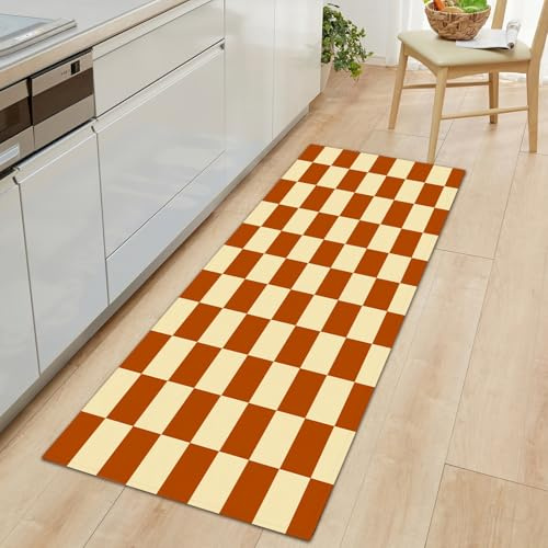 Generisch Creme Kariert Läufer Teppich 60 x 120 cm für Flur Küchen, Schlichter Vintage Runner Läuferteppiche Waschbare Kitchen Runner Teppicheläufer für Entryway Wäsche Daneben