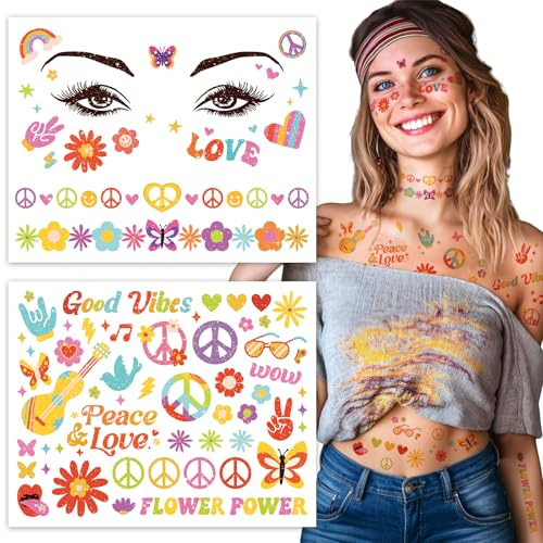 2 Stück Hippie Gesichtstattoo Karneval, Hippie Tattoo Gesicht Flower Power und Friedenszeichen, Karneval Tattoo Gesicht für Fasching Party Cosplay